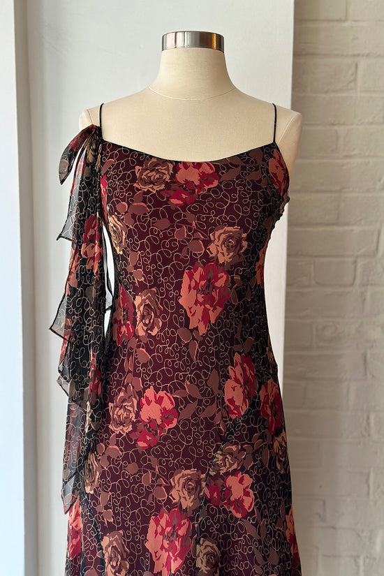 Vintage 90s Silk Rose Asymmetric Slip Dress