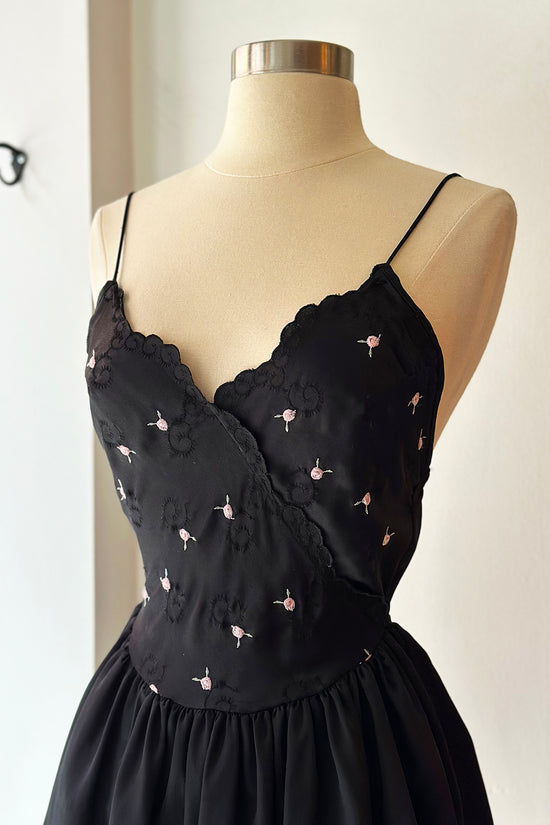 Rare Vintage Christian Dior Black Rose Embroidered Mini Slip Dress