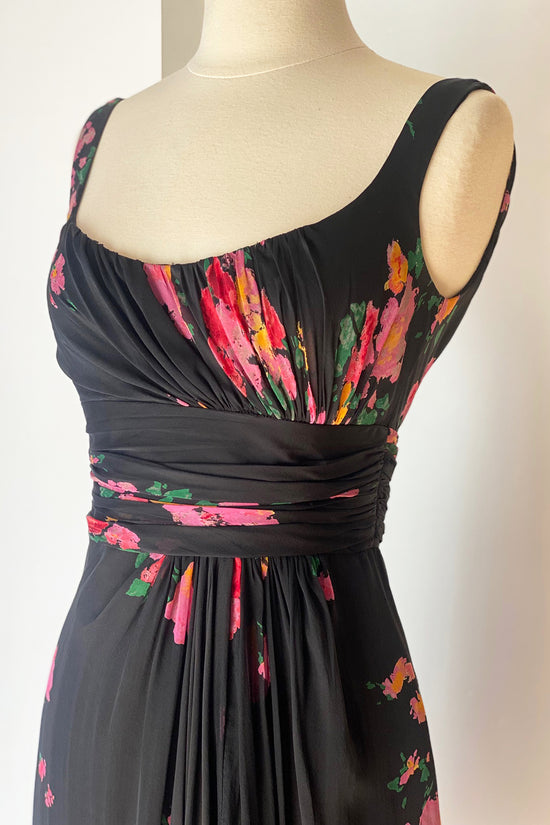 Rare Vintage Shawn Ray Fons Silk Black Floral Dress