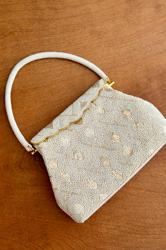 Vintage 50s Satin Lined Pearl Beaded Handbag