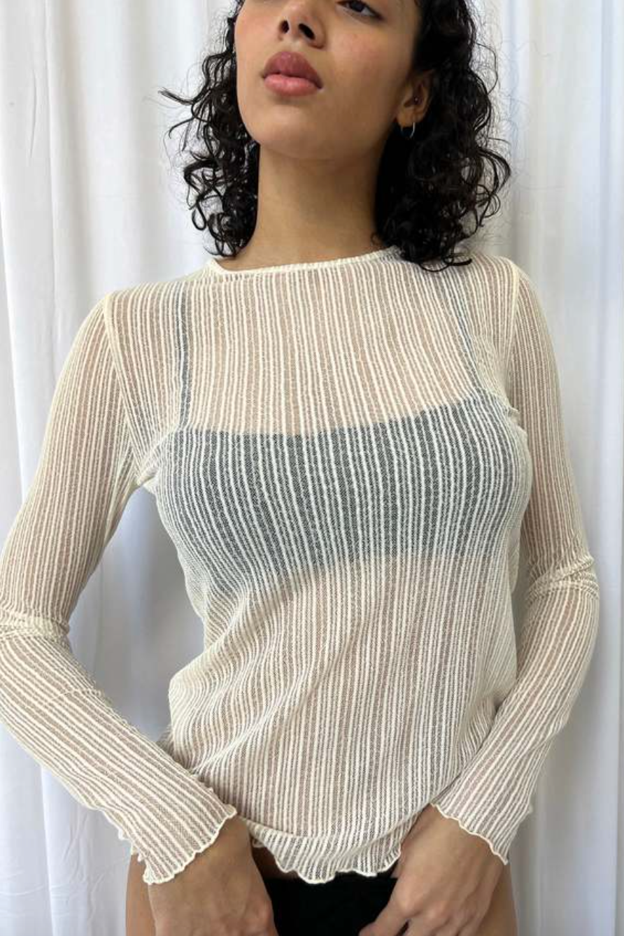 Find Me Now Ribbed Mesh Crew Long Sleeve Top Eggshell