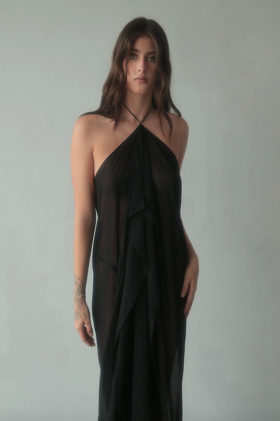 Kat Zarra Silk Chiffon Halter Dress Onyx