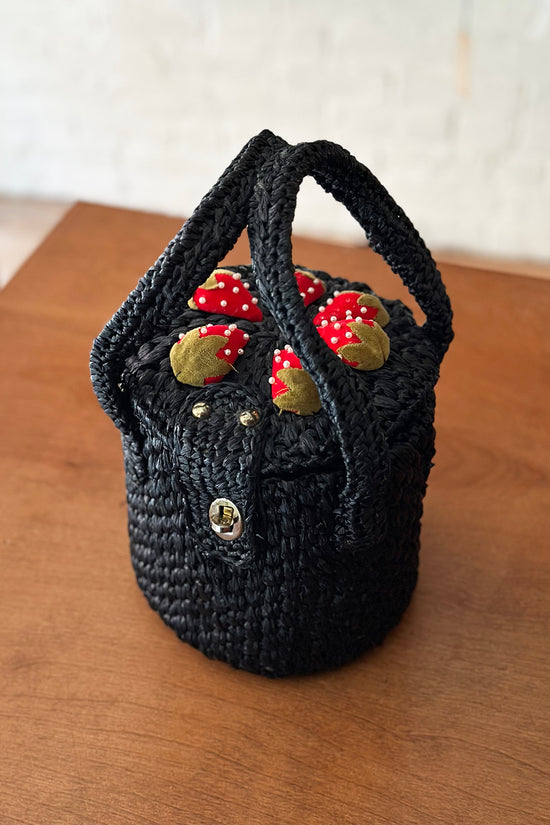 Rare Vintage Midcentury Black Raffia Strawberry Handbag
