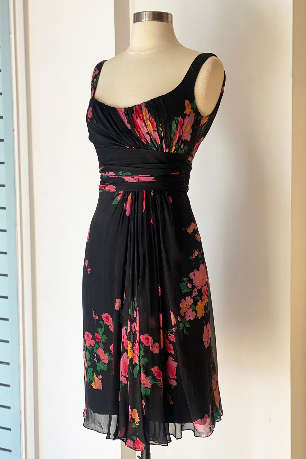 Rare Vintage Shawn Ray Fons Silk Black Floral Dress