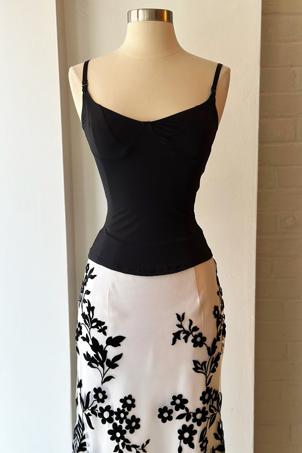 Vintage 80s Black & White Velvet Devore Floral Maxi Skirt