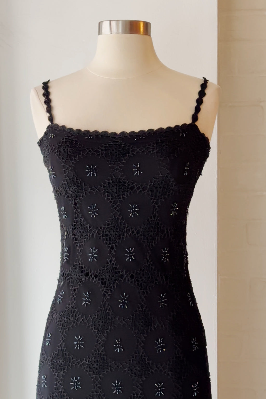 Vintage 90s Black Beaded Crochet Maxi Dress