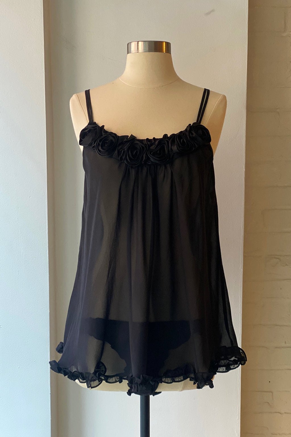 Vintage 90s Black Rosette Babydoll Mini Dress & Panty Set