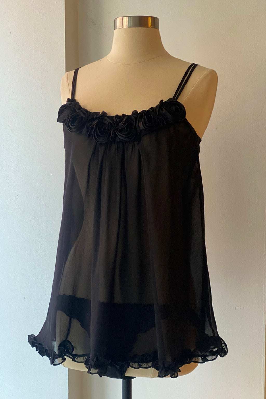 Vintage 90s Black Rosette Babydoll Mini Dress & Panty Set