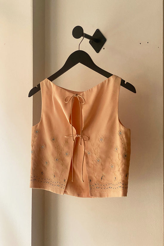 Vintage 90s Peach Silk Embroidered Tie Back Top
