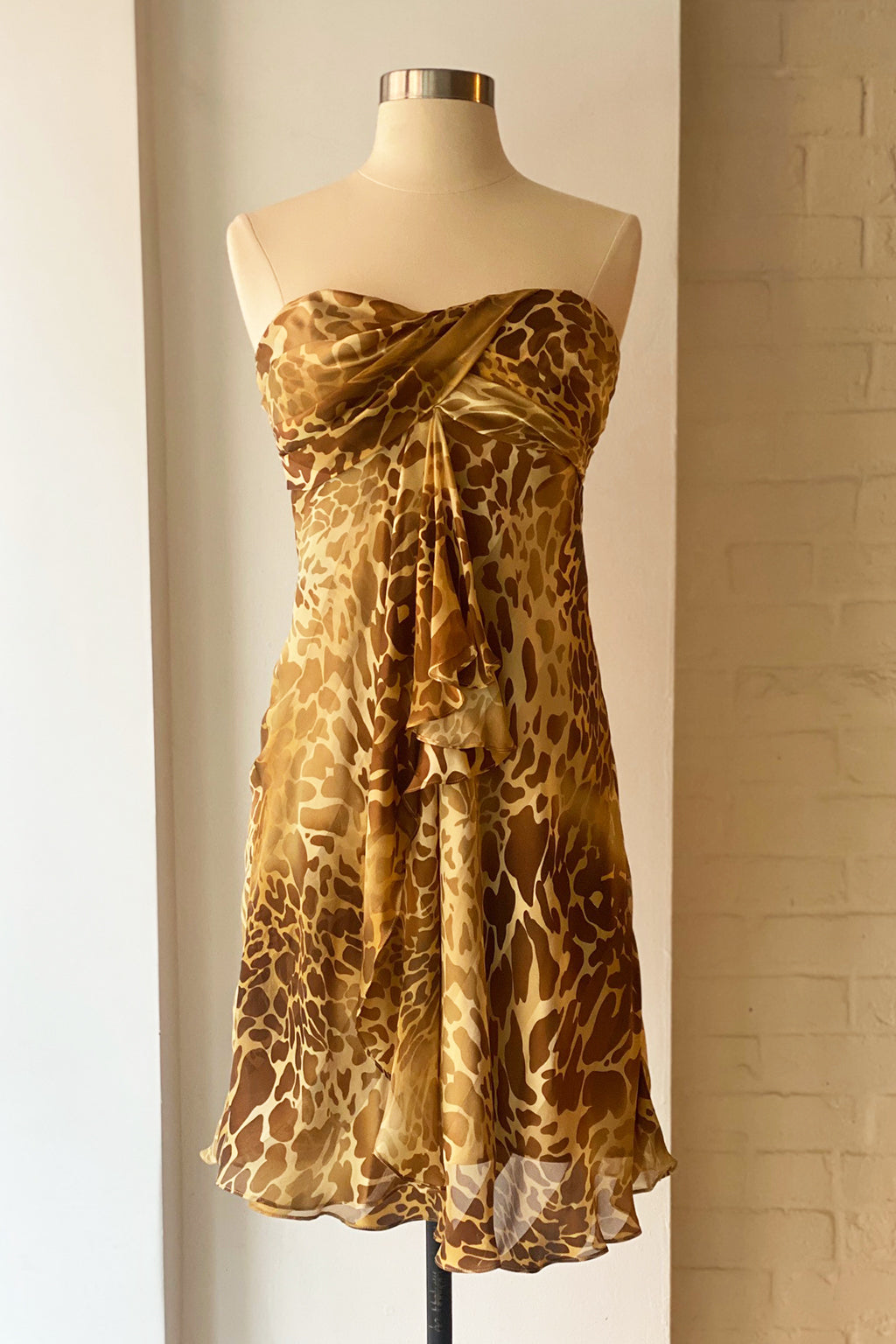 Vintage 90s Silk Animal Print Ruffle Bustier Dress