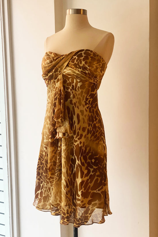 Vintage 90s Silk Animal Print Ruffle Bustier Dress