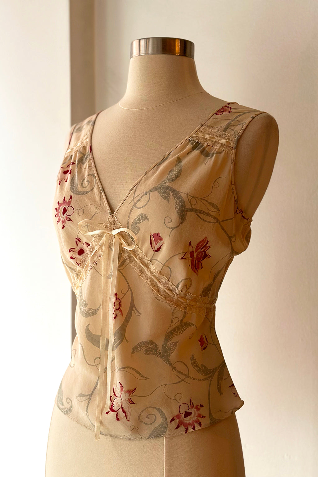 Vintage 90s Silk Floral Top with Lace & Ribbon