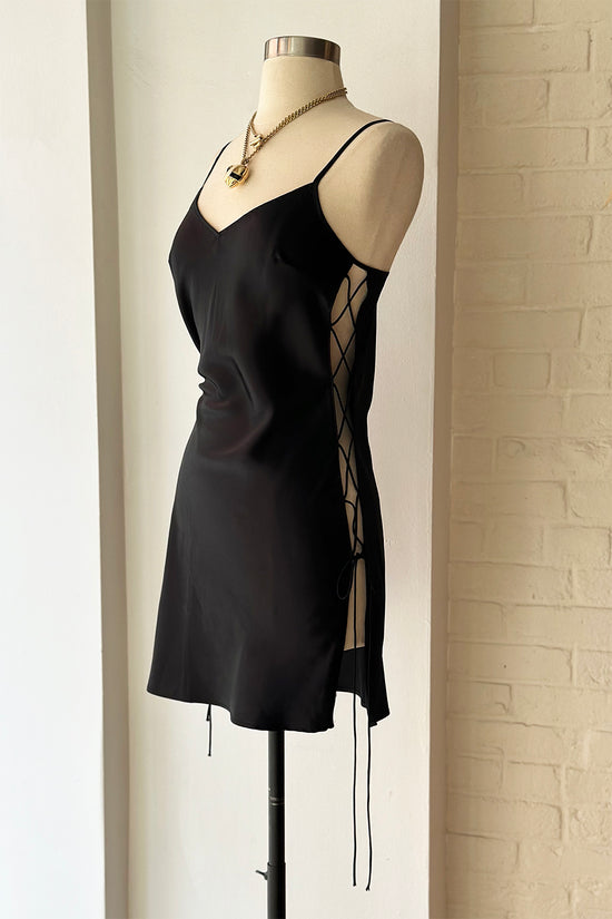 Vintage Y2K Black Lace Up Mini Slip Dress