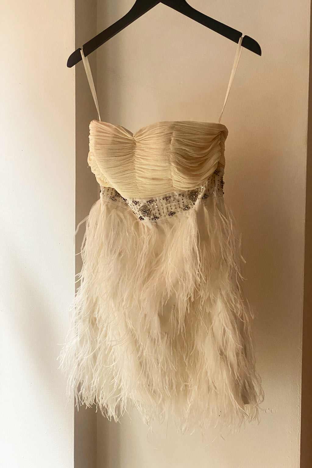 Vintage Y2K Silk & Ostrich Feather Beaded Mini Dress