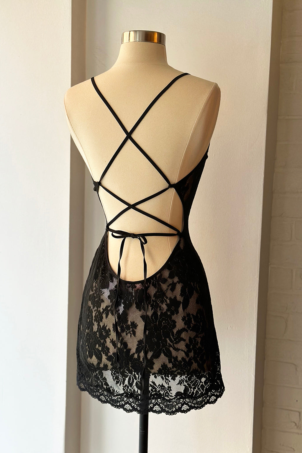 Vintage Y2K Victoria's Secret Black Lace Tie Back Mini Slip Dress