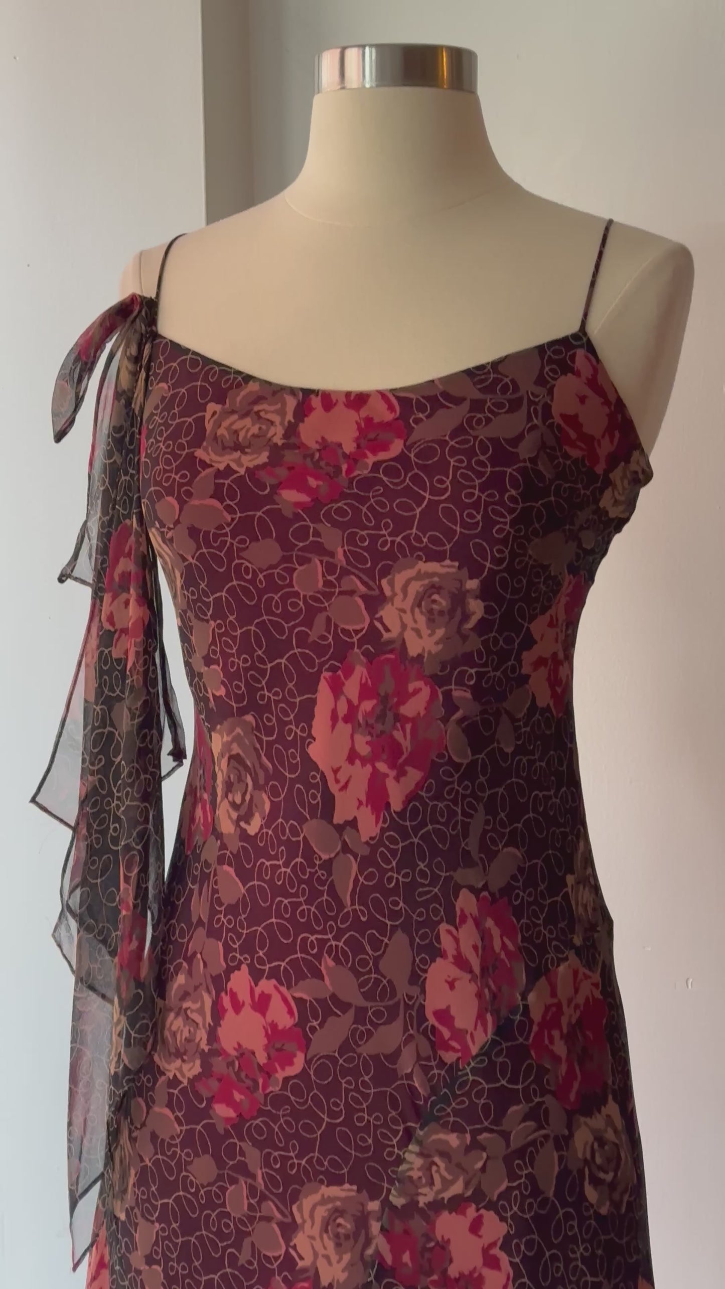 Load and play video in Gallery viewer, Vintage 90s Silk Rose Asymmetric Slip Dress
