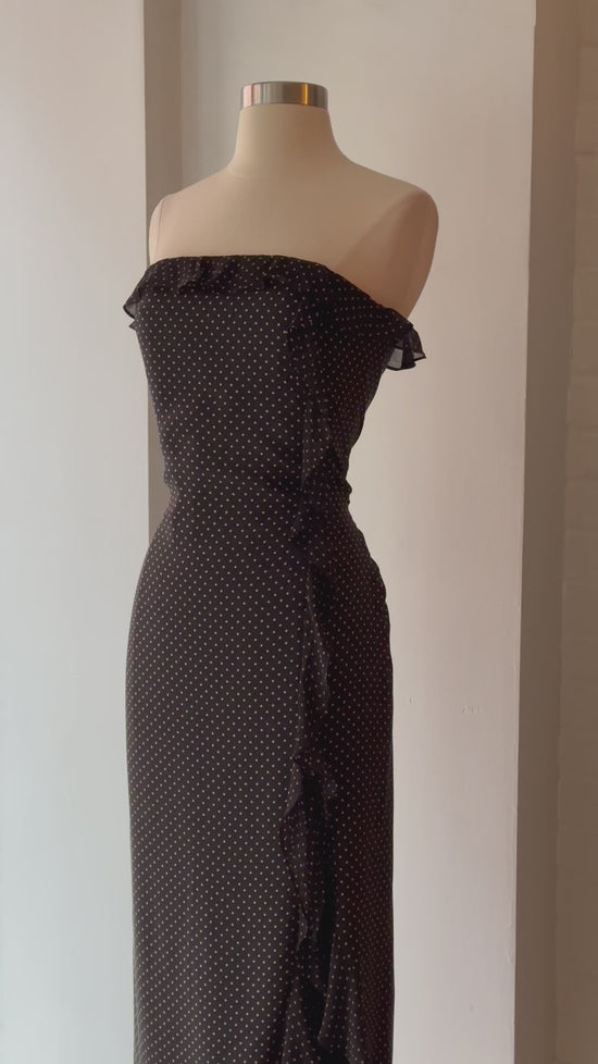 Load and play video in Gallery viewer, Vintage Ralph Lauren Silk Polka Dot Strapless Maxi Dress
