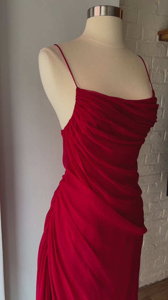 Load and play video in Gallery viewer, Rare Vintage Shawn Ray Fons Red Silk Chiffon Draped Slip Dress
