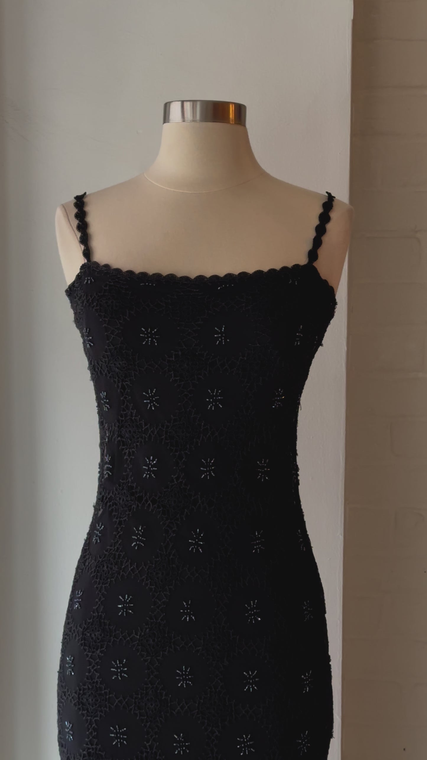 Load and play video in Gallery viewer, Vintage 90s Black Beaded Crochet Maxi Dress
