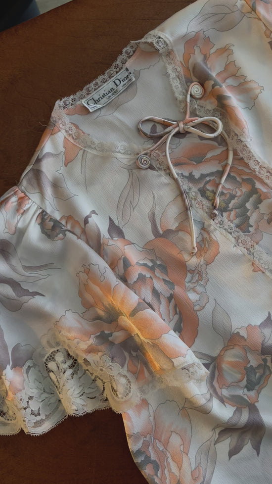 Load and play video in Gallery viewer, Vintage Christian Dior Satin Floral &amp;amp; Lace Tie Top
