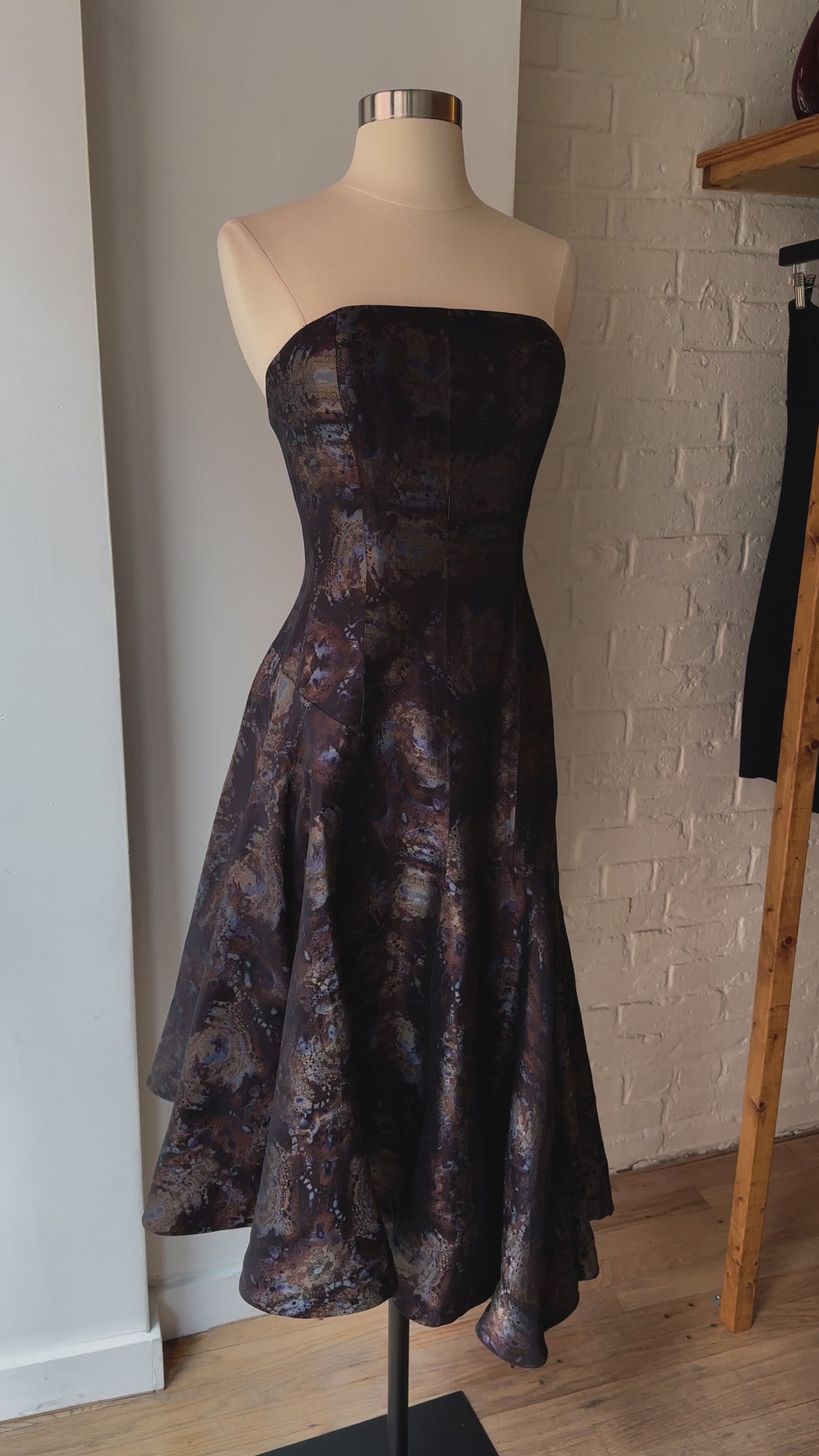 Load and play video in Gallery viewer, Rare Vintage Shawn Ray Fons Silk Jacquard Strapless Dress

