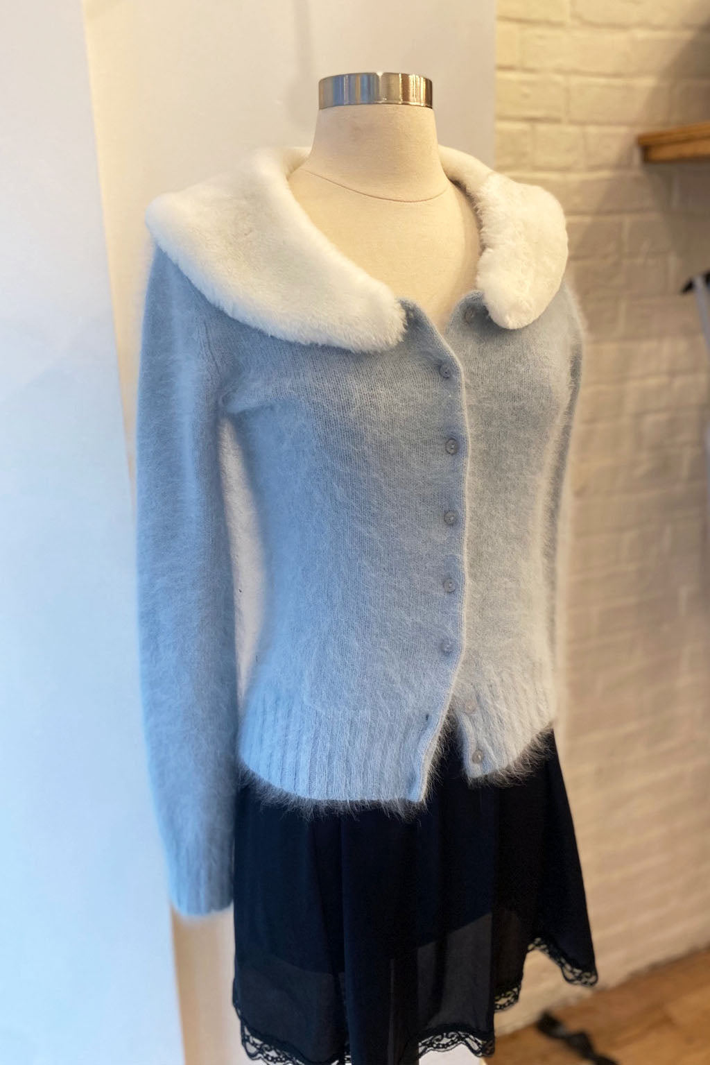 Load image into Gallery viewer, Vintage Blue Angora Sweater w/ Faux Fur Collar
