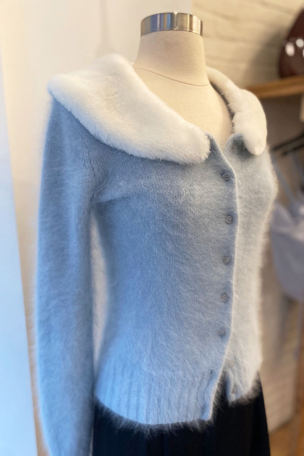 Load image into Gallery viewer, Vintage Blue Angora Sweater w/ Faux Fur Collar
